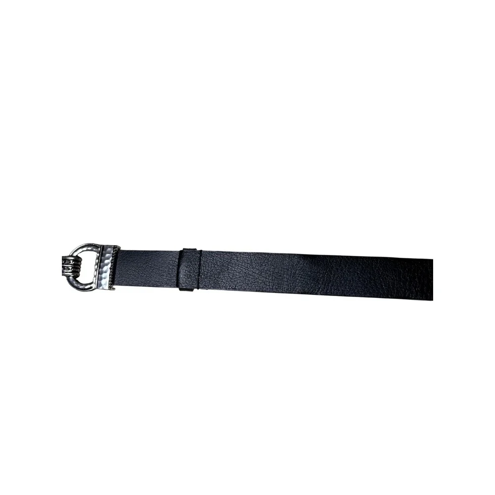 Chicos Black Genuine Leather Medallion Belt Silver Hammered Buckle AdjustableS/M